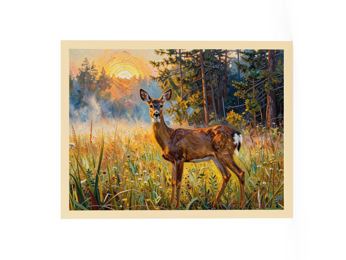 Deer in the Morning Mist as an 18 by 24 inch framed print in a natural wood frame: a whitetail doe standing alert in a meadow at sunrise with the sun burning through the mist behind her, in bold oil-painting brushstrokes.