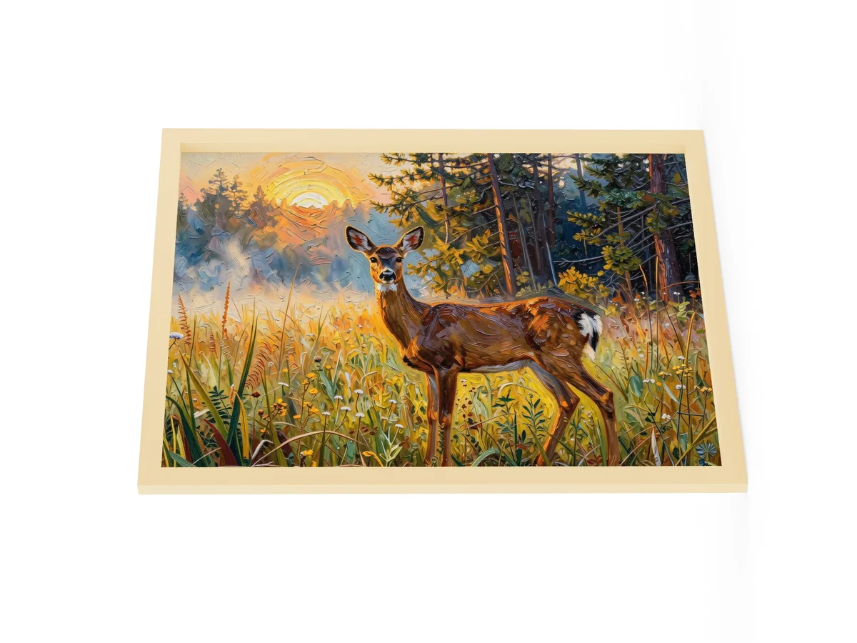 Deer in the Morning Mist as an 18 by 24 inch framed print in a natural wood frame: a whitetail doe standing alert in a meadow at sunrise with the sun burning through the mist behind her, in bold oil-painting brushstrokes.