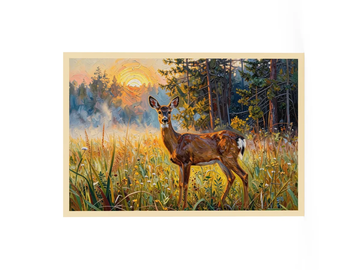 Deer in the Morning Mist as a 24 by 36 inch framed print in a natural wood frame: a whitetail doe standing alert in a meadow at sunrise with the sun burning through the mist behind her, in bold oil-painting brushstrokes.
