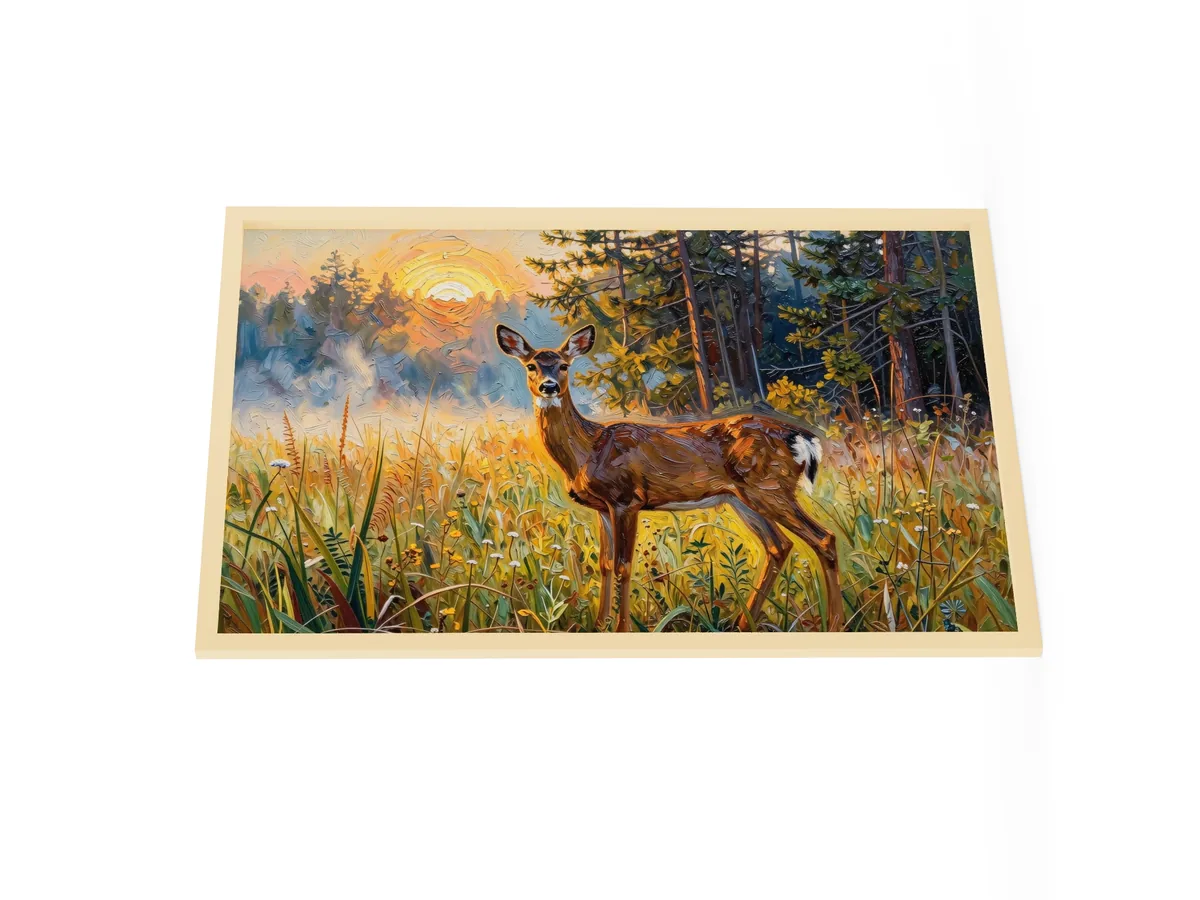 Deer in the Morning Mist as a 24 by 36 inch framed print in a natural wood frame: a whitetail doe standing alert in a meadow at sunrise with the sun burning through the mist behind her, in bold oil-painting brushstrokes.