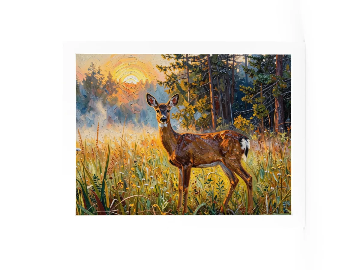 Deer in the Morning Mist as a 12 by 16 inch framed print in a white frame: a whitetail doe standing alert in a meadow at sunrise with the sun burning through the mist behind her, in bold oil-painting brushstrokes.