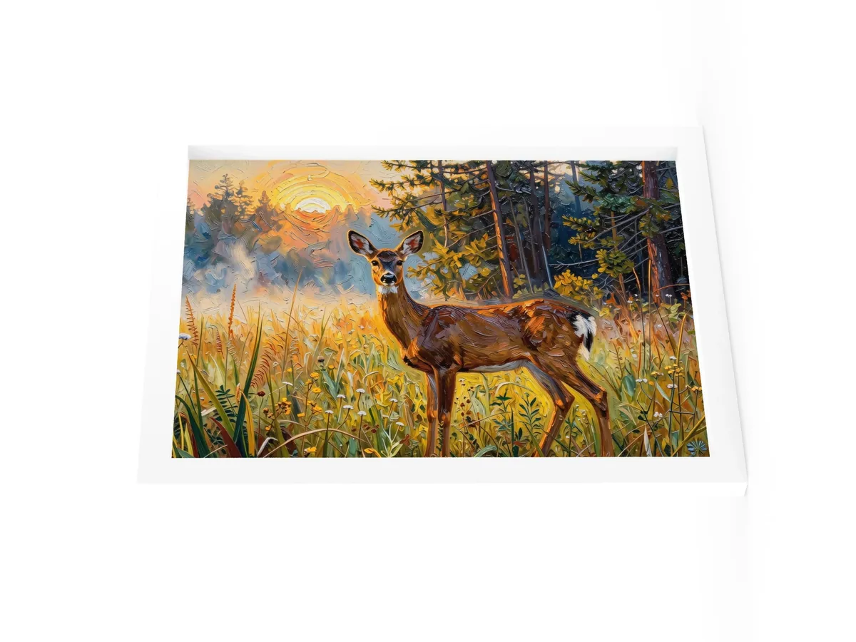 Deer in the Morning Mist as a 12 by 16 inch framed print in a white frame: a whitetail doe standing alert in a meadow at sunrise with the sun burning through the mist behind her, in bold oil-painting brushstrokes.