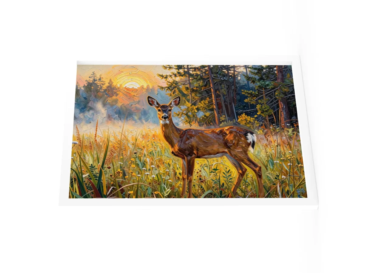 Deer in the Morning Mist as an 18 by 24 inch framed print in a white frame: a whitetail doe standing alert in a meadow at sunrise with the sun burning through the mist behind her, in bold oil-painting brushstrokes.