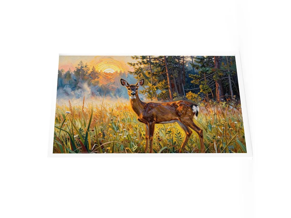 Deer in the Morning Mist as a 24 by 36 inch framed print in a white frame: a whitetail doe standing alert in a meadow at sunrise with the sun burning through the mist behind her, in bold oil-painting brushstrokes.