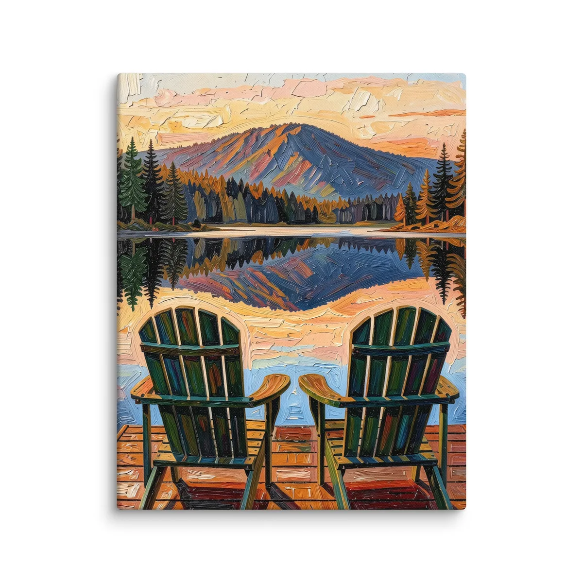 Dock Chairs at Sunset as a canvas: two green Adirondack chairs at the end of a dock facing a mountain lake at sunset, in bold oil-painting brushstrokes.