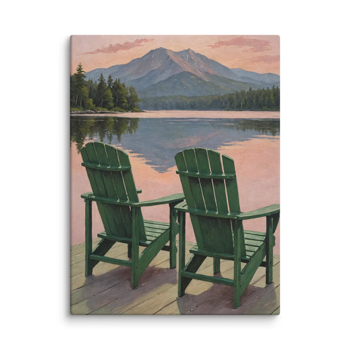 Dock Chairs at Sunset as a 12 by 16 inch canvas: two green Adirondack chairs at the end of a dock, facing a mountain reflected in a still lake under a pink evening sky, in soft, traditional oil brushwork.