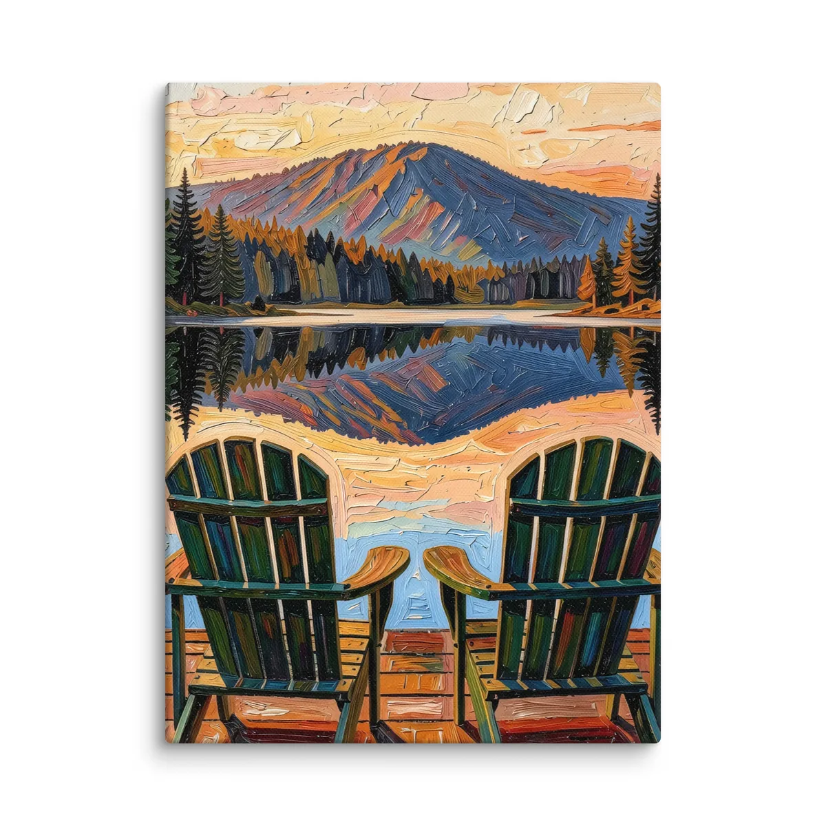 Dock Chairs at Sunset as a canvas: two green Adirondack chairs at the end of a dock facing a mountain lake at sunset, in bold oil-painting brushstrokes.