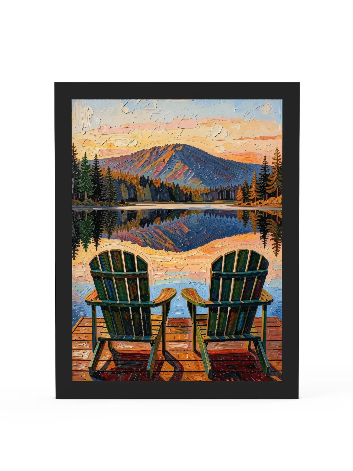 Dock Chairs at Sunset as a framed print in a black frame: two green Adirondack chairs at the end of a dock facing a mountain lake at sunset, in bold oil-painting brushstrokes.