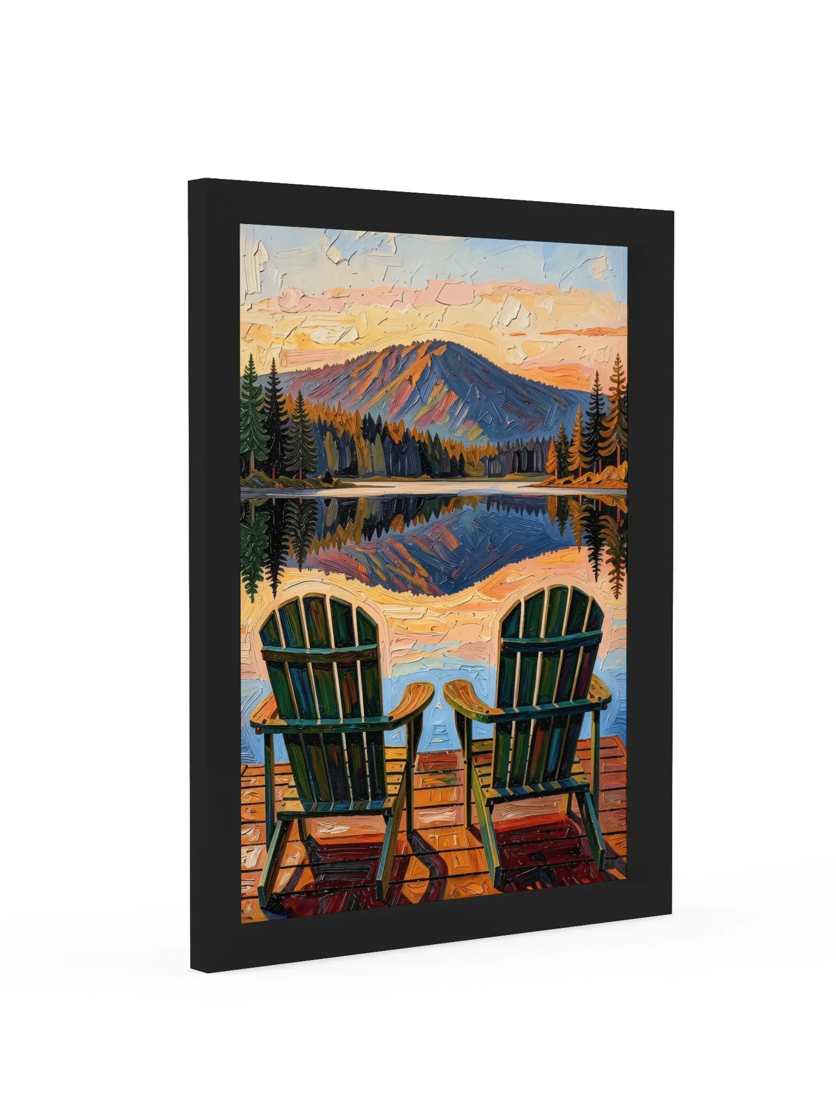 Dock Chairs at Sunset as a framed print in a black frame: two green Adirondack chairs at the end of a dock facing a mountain lake at sunset, in bold oil-painting brushstrokes.