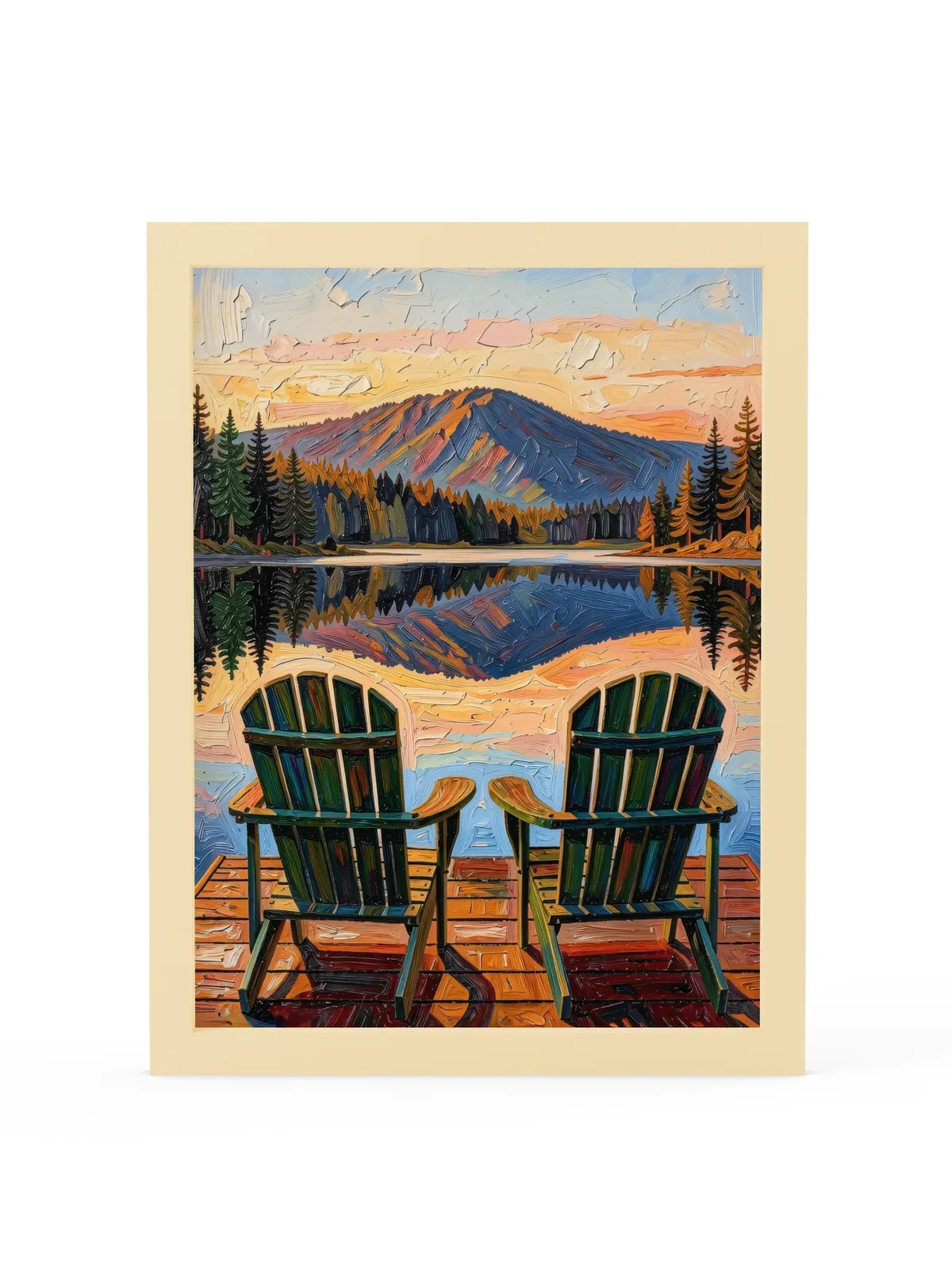 Dock Chairs at Sunset as a framed print in a natural wood frame: two green Adirondack chairs at the end of a dock facing a mountain lake at sunset, in bold oil-painting brushstrokes.
