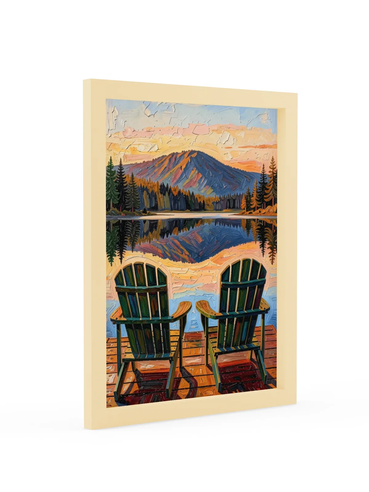 Dock Chairs at Sunset as a framed print in a natural wood frame: two green Adirondack chairs at the end of a dock facing a mountain lake at sunset, in bold oil-painting brushstrokes.