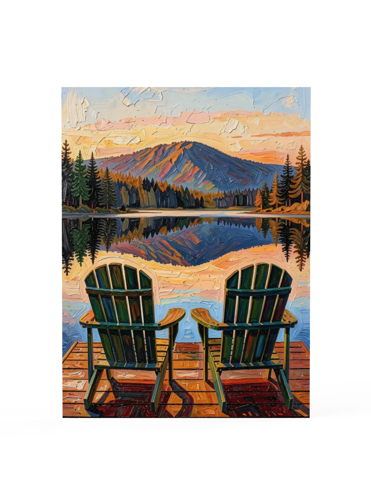 Dock Chairs at Sunset as a poster: two green Adirondack chairs at the end of a dock facing a mountain lake at sunset, in bold oil-painting brushstrokes.