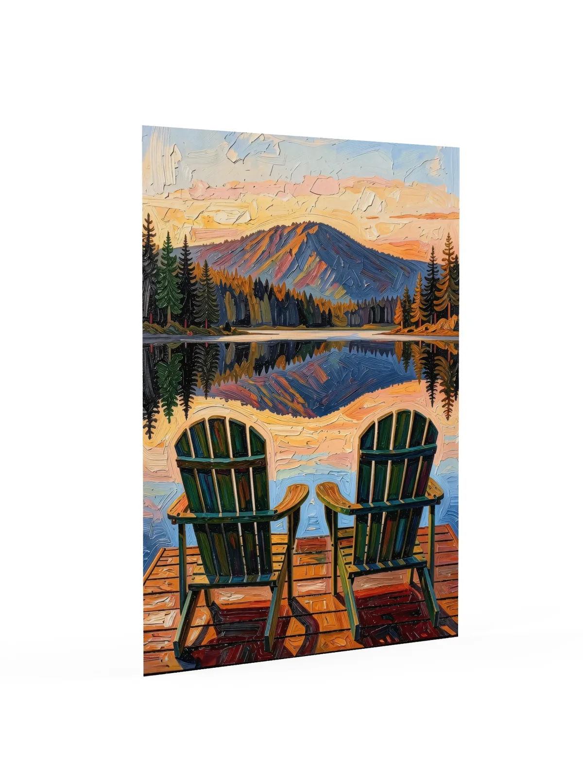 Dock Chairs at Sunset as a poster: two green Adirondack chairs at the end of a dock facing a mountain lake at sunset, in bold oil-painting brushstrokes.