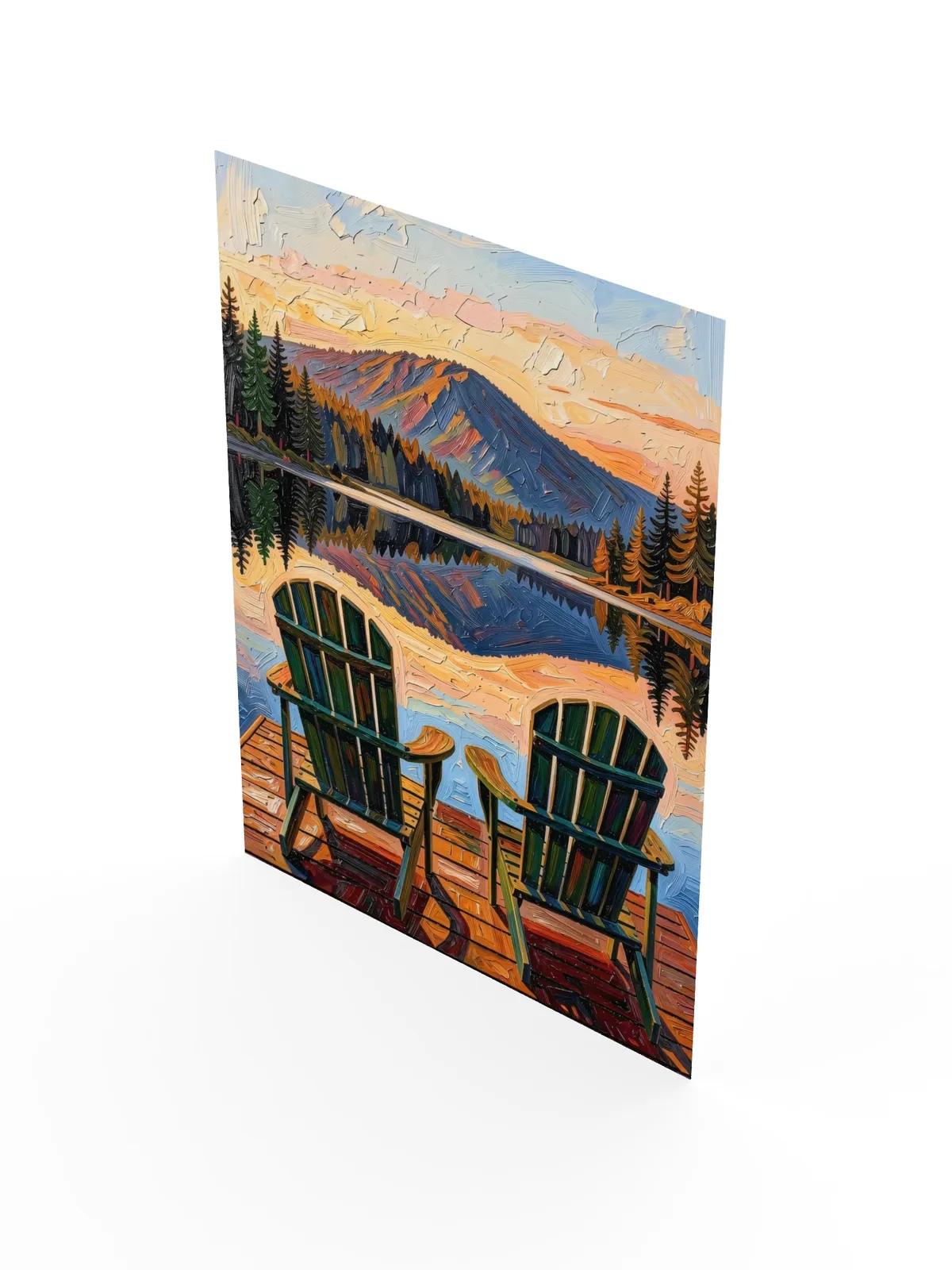 Dock Chairs at Sunset as a poster: two green Adirondack chairs at the end of a dock facing a mountain lake at sunset, in bold oil-painting brushstrokes.