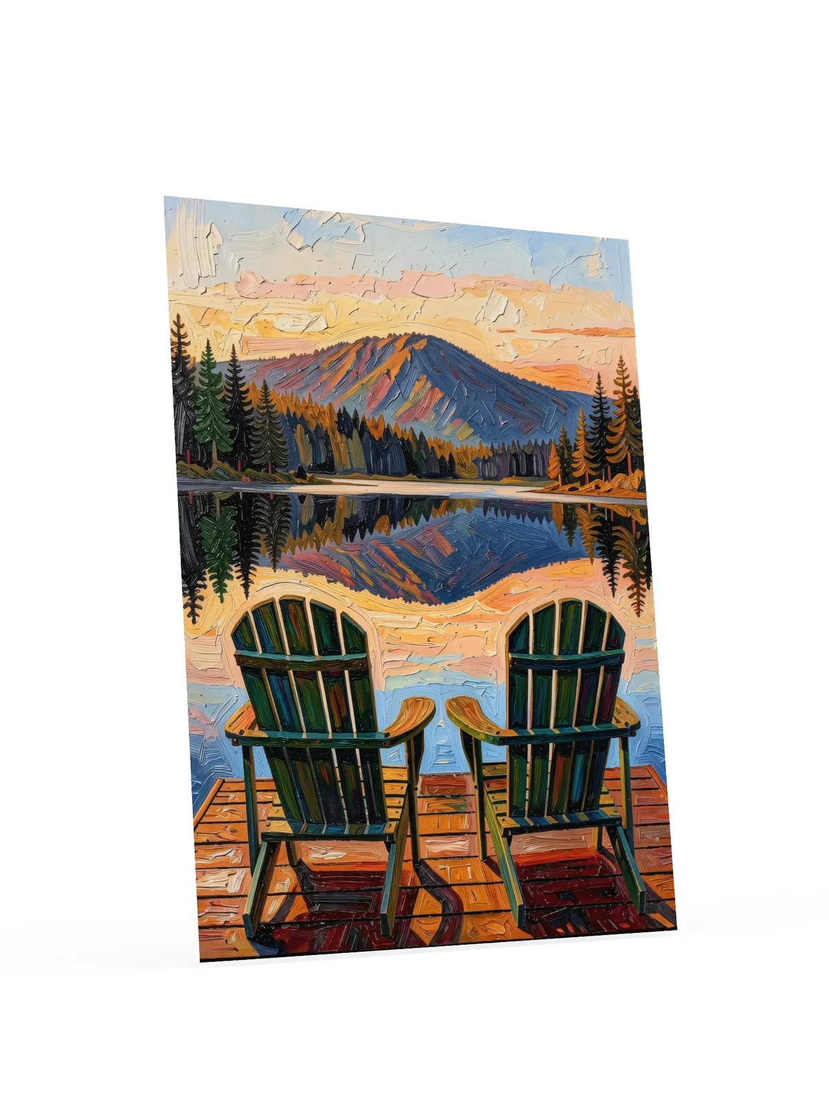 Dock Chairs at Sunset as a poster: two green Adirondack chairs at the end of a dock facing a mountain lake at sunset, in bold oil-painting brushstrokes.