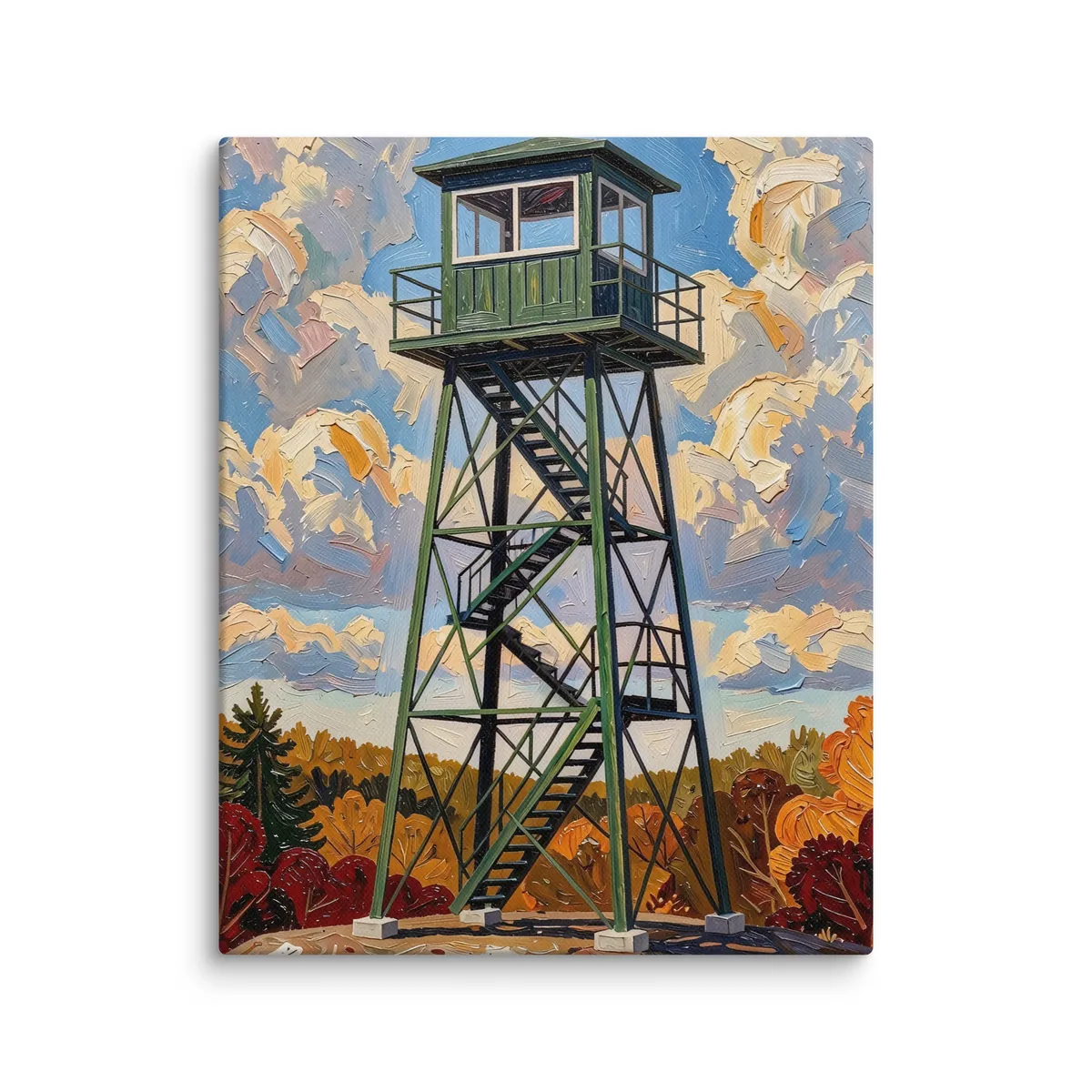 Fire Tower in Autumn as a canvas: a green steel fire tower on a granite summit with fall color below, in bold oil-painting brushstrokes.