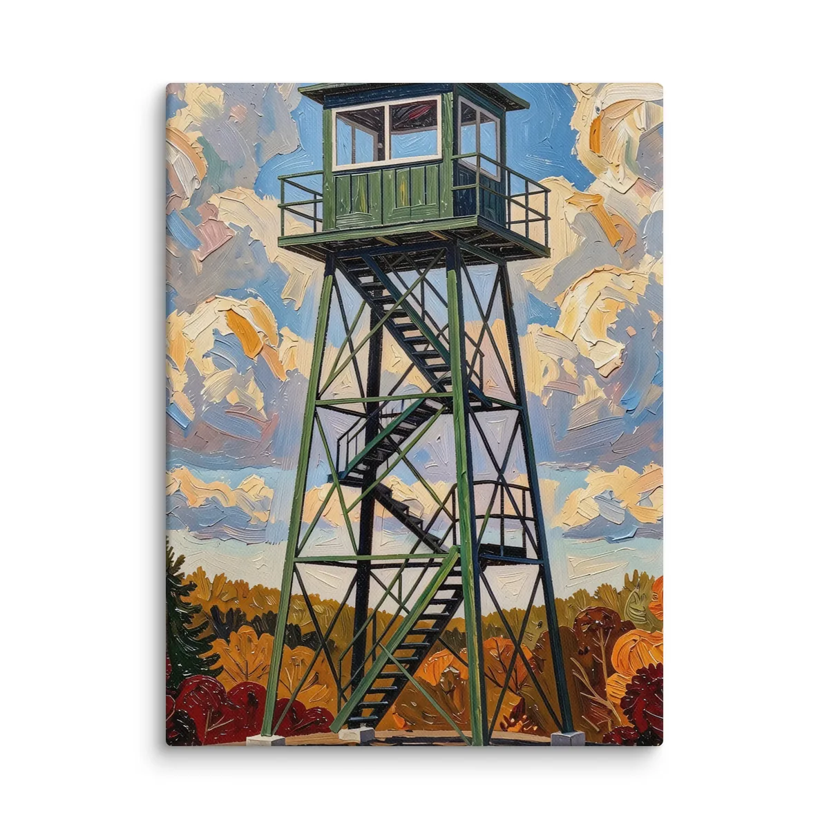 Fire Tower in Autumn as a canvas: a green steel fire tower on a granite summit with fall color below, in bold oil-painting brushstrokes.