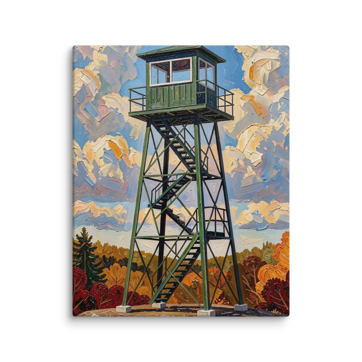 Fire Tower in Autumn as a canvas: a green steel fire tower on a granite summit with fall color below, in bold oil-painting brushstrokes.