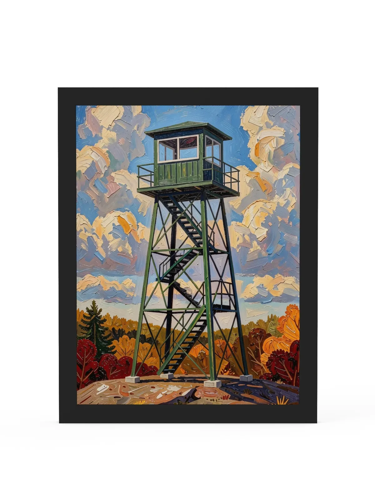 Fire Tower in Autumn as a framed print in a black frame: a green steel fire tower on a granite summit with fall color below, in bold oil-painting brushstrokes.