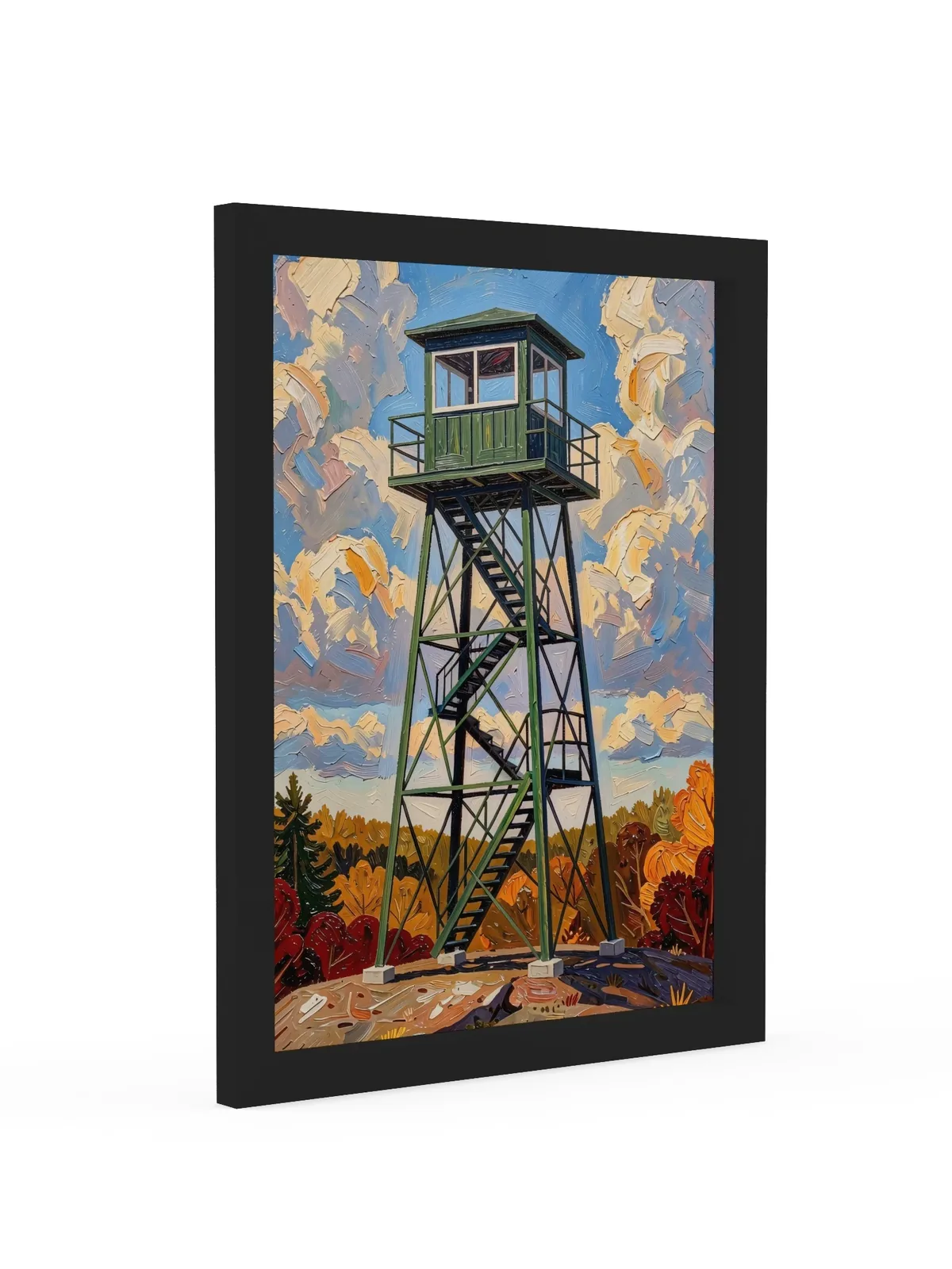 Fire Tower in Autumn as a framed print in a black frame: a green steel fire tower on a granite summit with fall color below, in bold oil-painting brushstrokes.