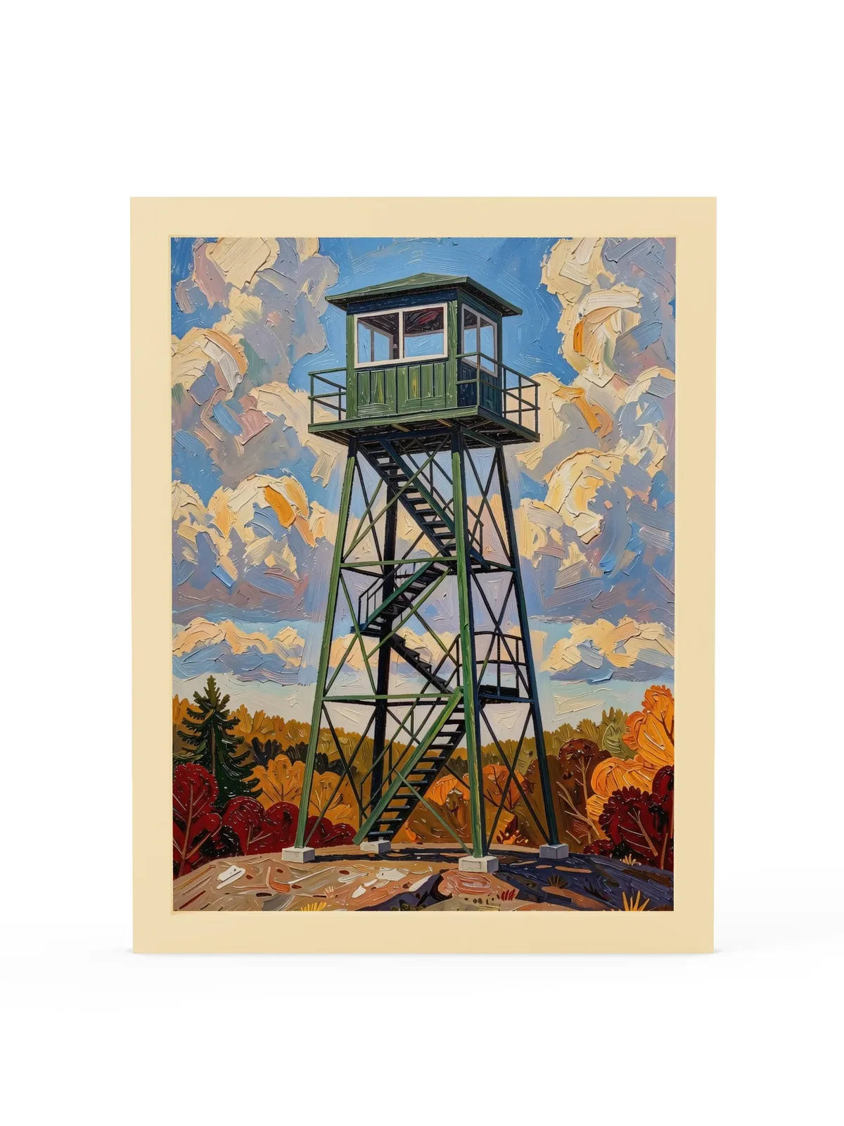 Fire Tower in Autumn as a framed print in a natural wood frame: a green steel fire tower on a granite summit with fall color below, in bold oil-painting brushstrokes.