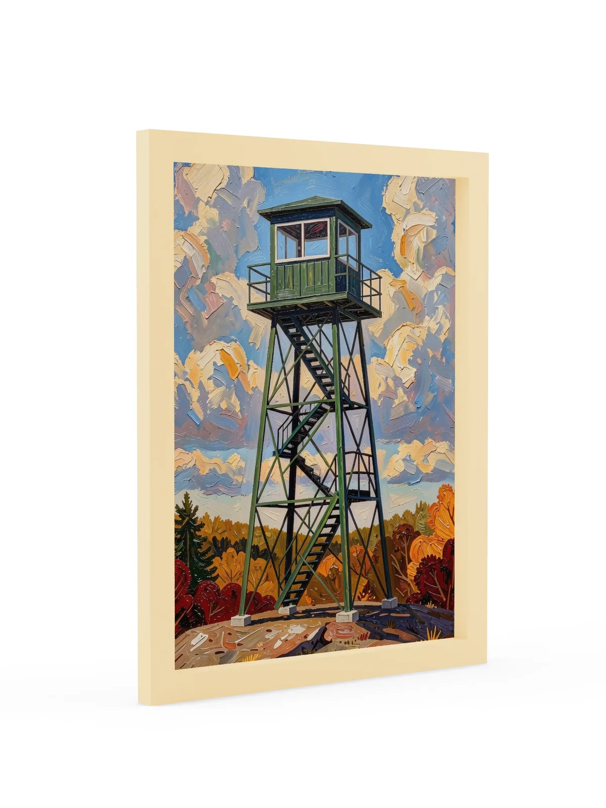 Fire Tower in Autumn as a framed print in a natural wood frame: a green steel fire tower on a granite summit with fall color below, in bold oil-painting brushstrokes.