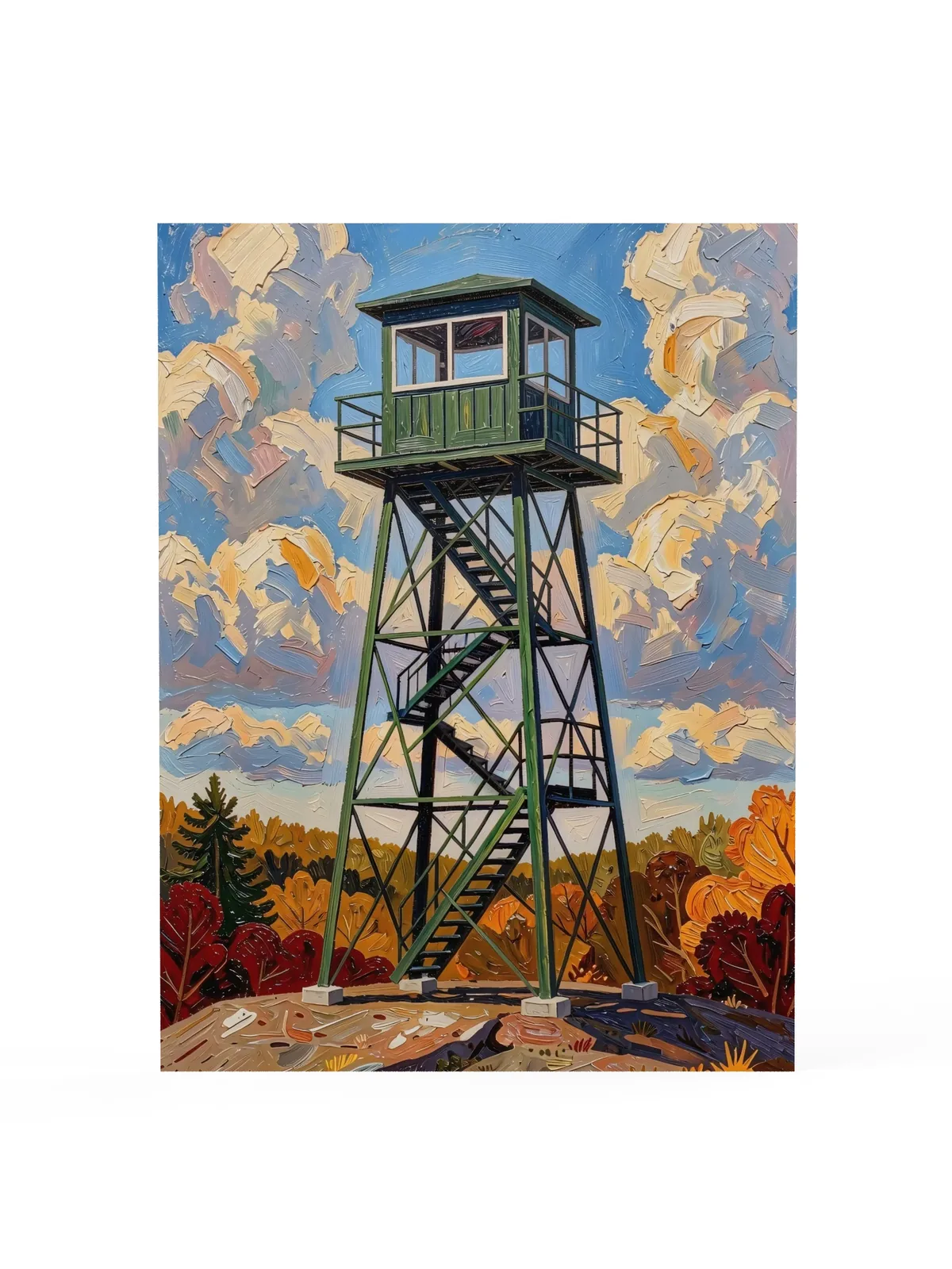 Fire Tower in Autumn as a poster: a green steel fire tower on a granite summit with fall color below, in bold oil-painting brushstrokes.