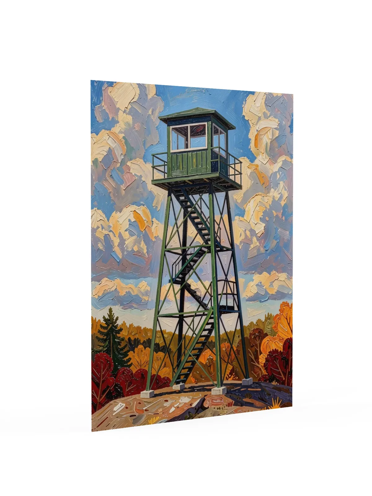 Fire Tower in Autumn as a poster: a green steel fire tower on a granite summit with fall color below, in bold oil-painting brushstrokes.