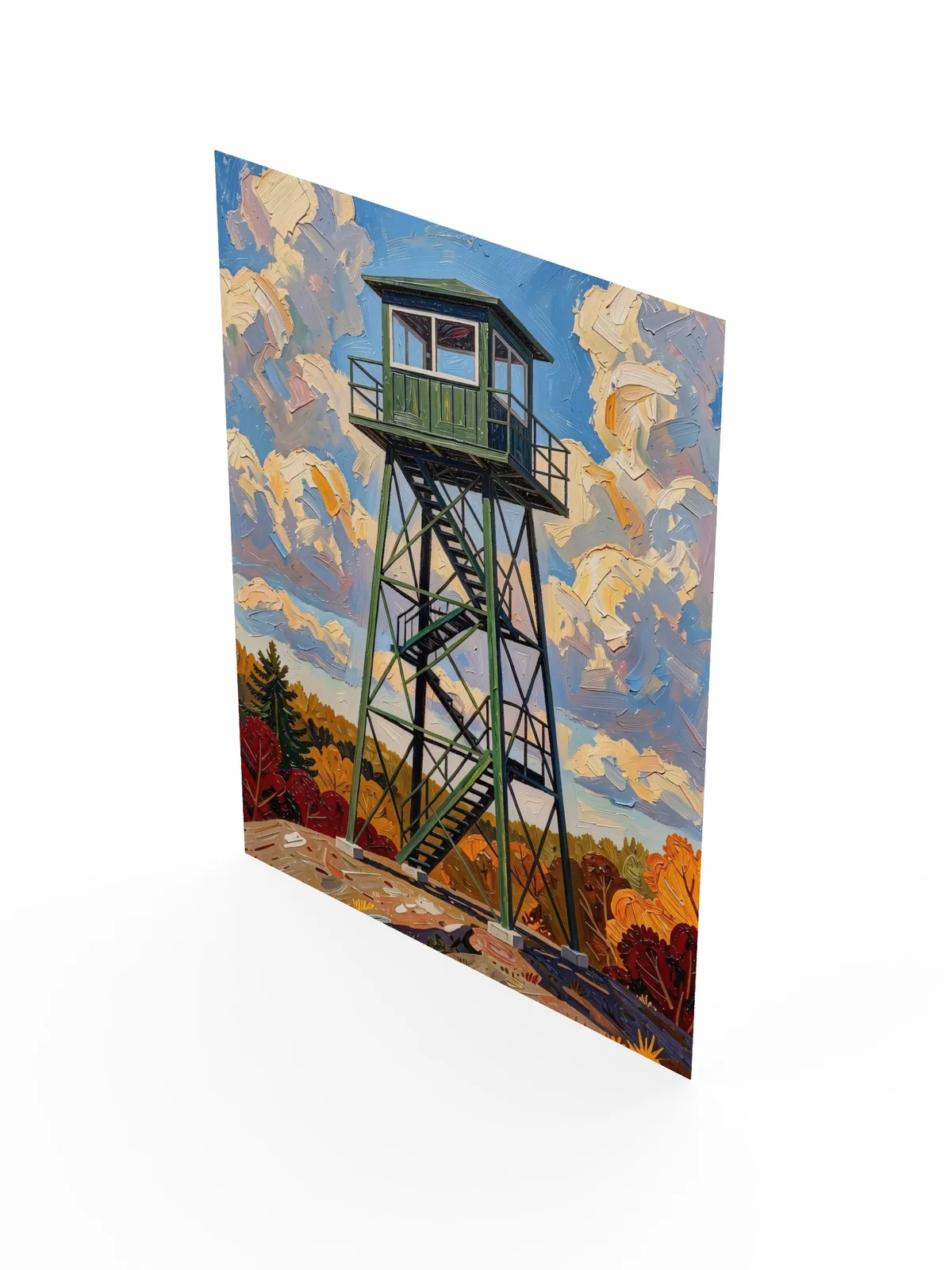 Fire Tower in Autumn as a poster: a green steel fire tower on a granite summit with fall color below, in bold oil-painting brushstrokes.