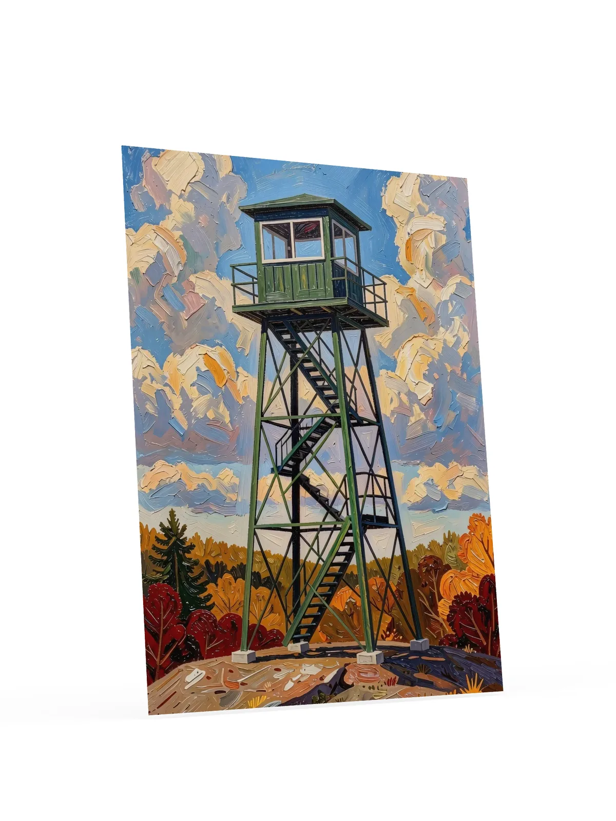 Fire Tower in Autumn as a poster: a green steel fire tower on a granite summit with fall color below, in bold oil-painting brushstrokes.