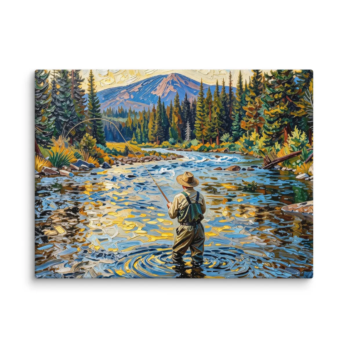 Fly Fishing at Dusk as a 12 by 16 inch canvas: a fly fisherman wading a wide mountain river at dusk, his line looping over golden water, with spruce on both banks, in bold oil-painting brushstrokes.
