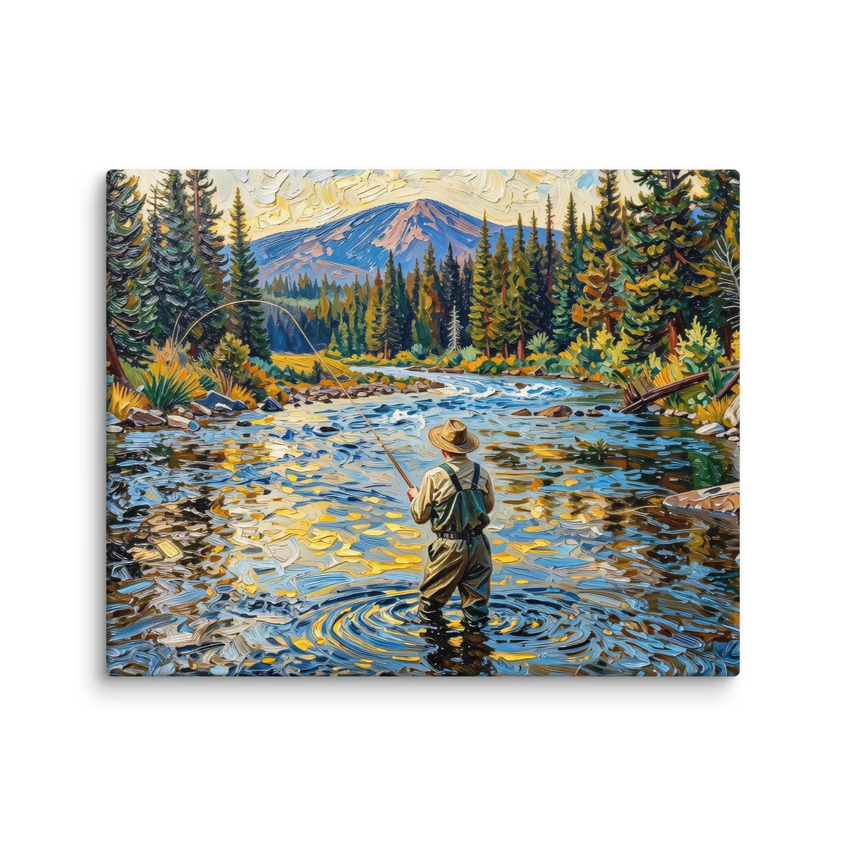 Fly Fishing at Dusk as a 16 by 20 inch canvas: a fly fisherman wading a wide mountain river at dusk, his line looping over golden water, with spruce on both banks, in bold oil-painting brushstrokes.