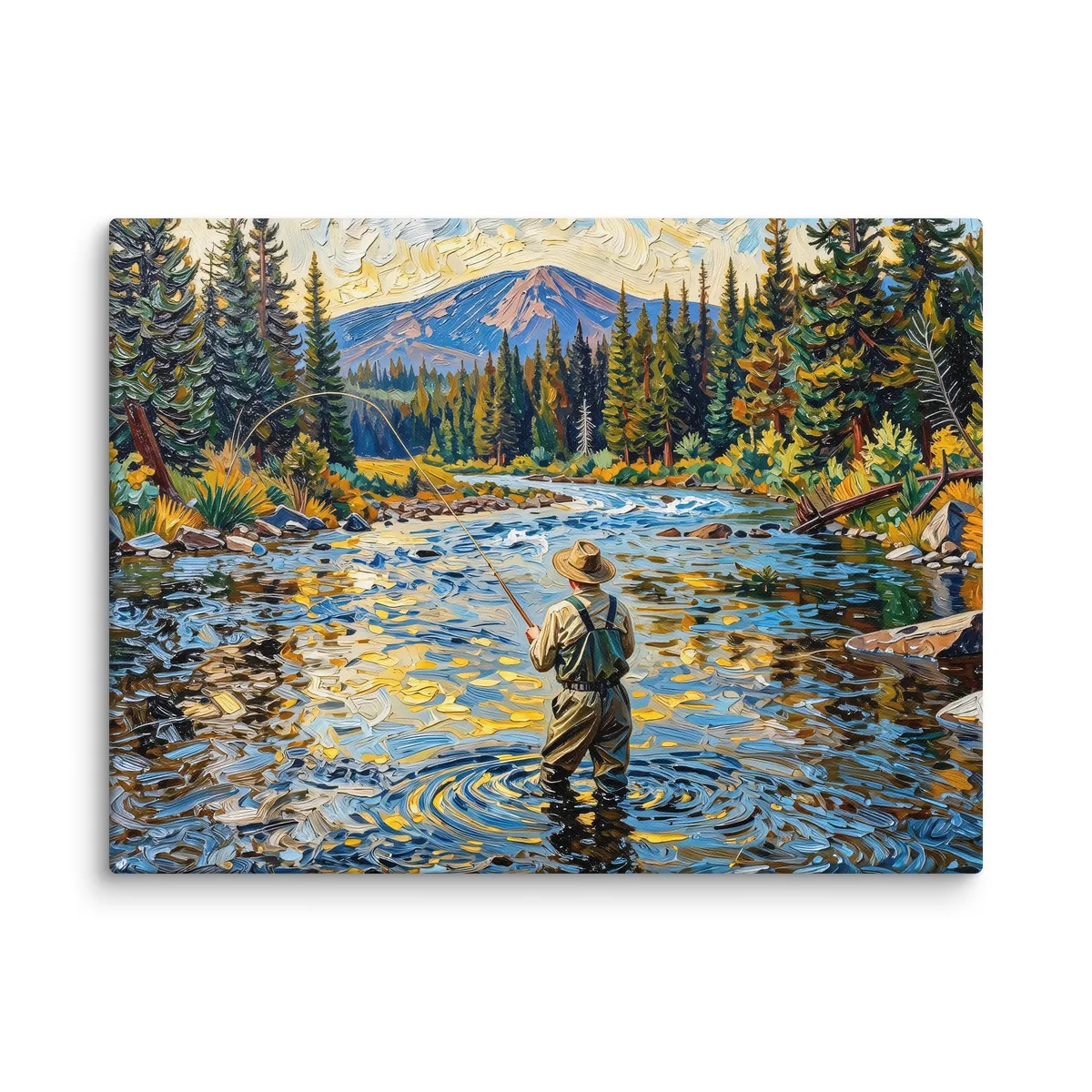 Fly Fishing at Dusk as an 18 by 24 inch canvas: a fly fisherman wading a wide mountain river at dusk, his line looping over golden water, with spruce on both banks, in bold oil-painting brushstrokes.