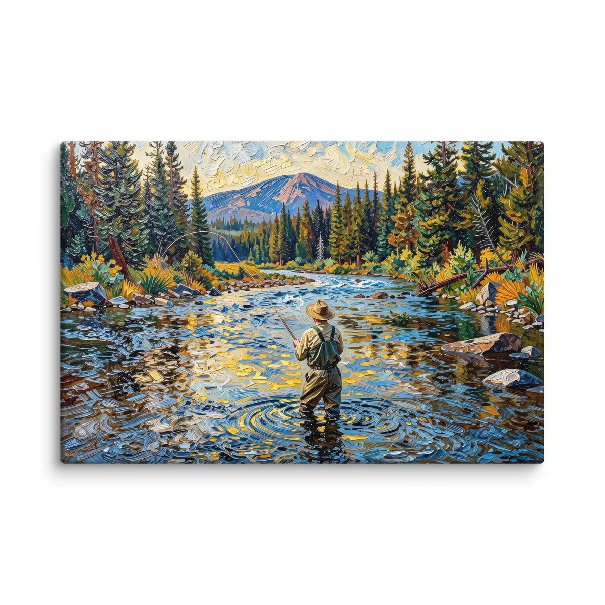 Fly Fishing at Dusk as a 24 by 36 inch canvas: a fly fisherman wading a wide mountain river at dusk, his line looping over golden water, with spruce on both banks, in bold oil-painting brushstrokes.
