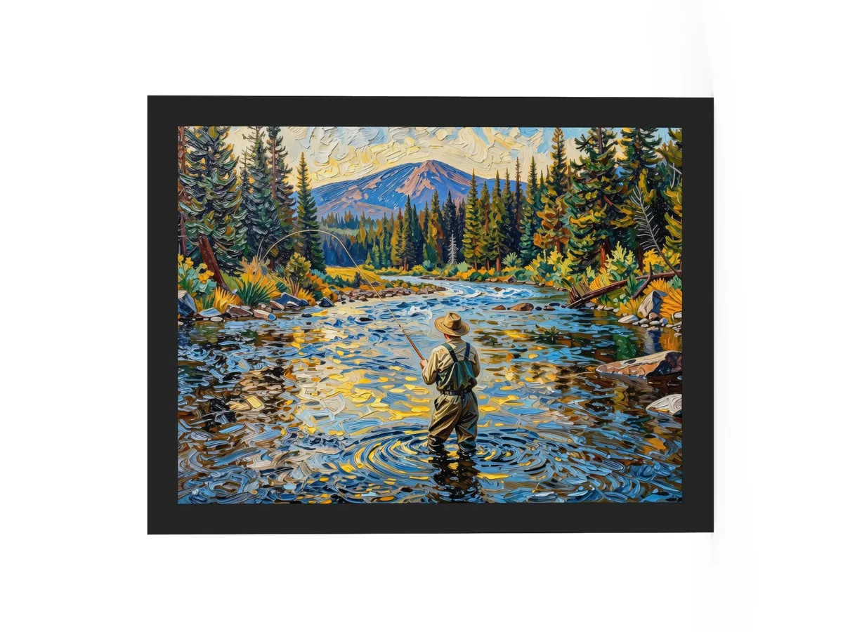 Fly Fishing at Dusk as a 12 by 16 inch framed print in a black frame: a fly fisherman wading a wide mountain river at dusk, his line looping over golden water, with spruce on both banks, in bold oil-painting brushstrokes.