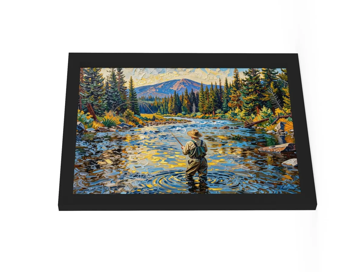 Fly Fishing at Dusk as a 12 by 16 inch framed print in a black frame: a fly fisherman wading a wide mountain river at dusk, his line looping over golden water, with spruce on both banks, in bold oil-painting brushstrokes.