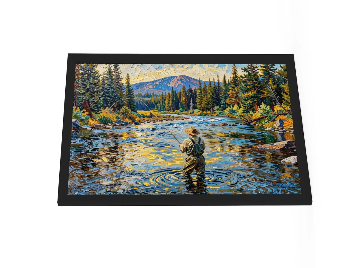 Fly Fishing at Dusk as an 18 by 24 inch framed print in a black frame: a fly fisherman wading a wide mountain river at dusk, his line looping over golden water, with spruce on both banks, in bold oil-painting brushstrokes.
