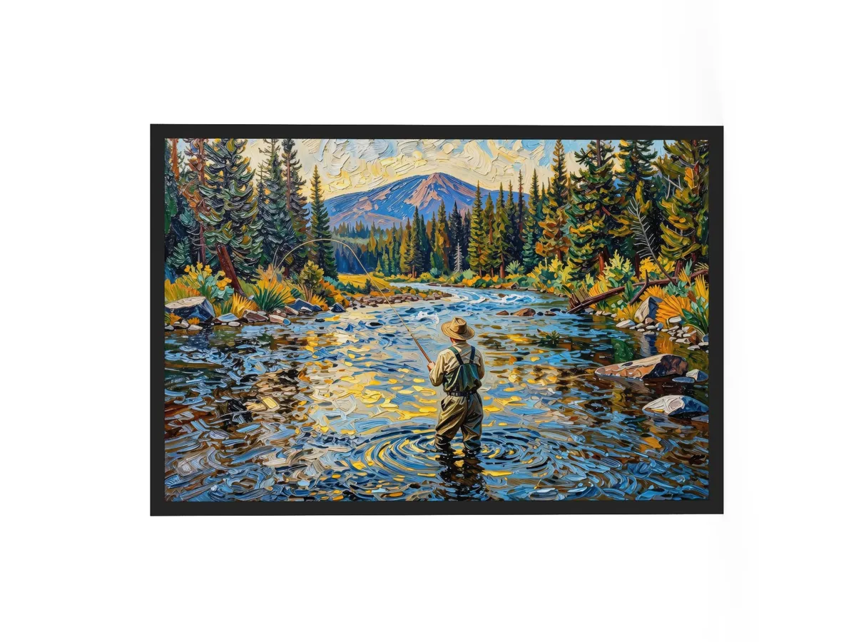 Fly Fishing at Dusk as a 24 by 36 inch framed print in a black frame: a fly fisherman wading a wide mountain river at dusk, his line looping over golden water, with spruce on both banks, in bold oil-painting brushstrokes.