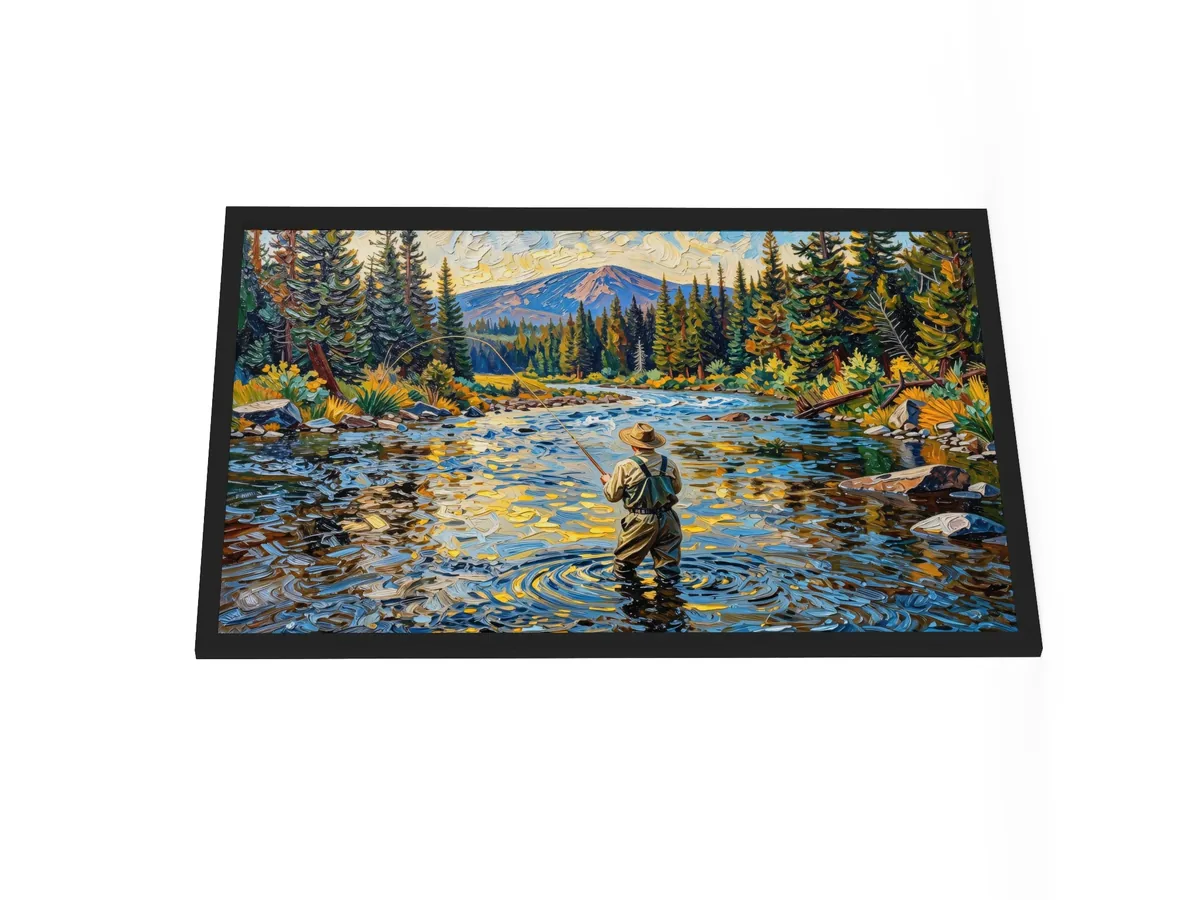 Fly Fishing at Dusk as a 24 by 36 inch framed print in a black frame: a fly fisherman wading a wide mountain river at dusk, his line looping over golden water, with spruce on both banks, in bold oil-painting brushstrokes.