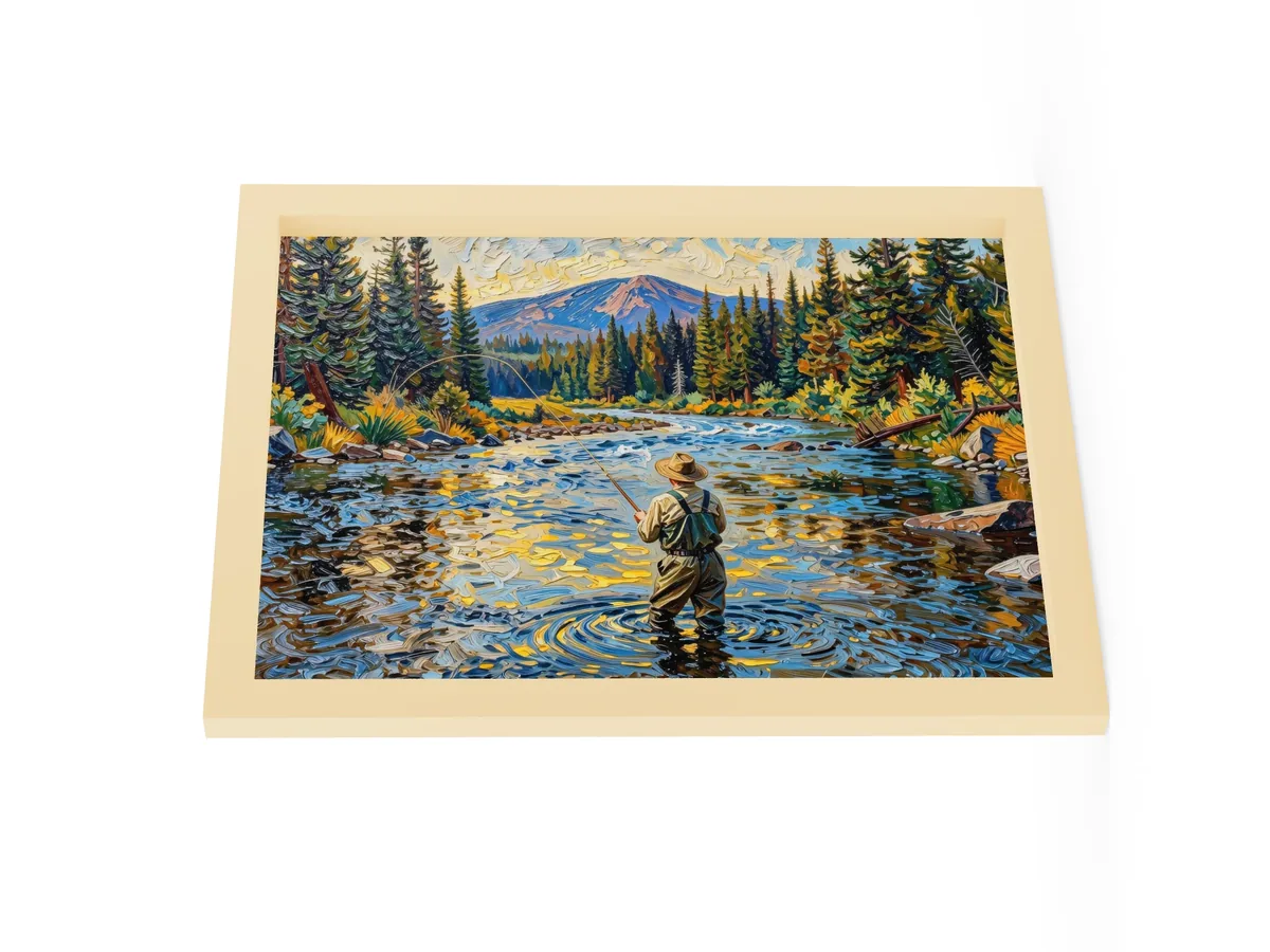Fly Fishing at Dusk as a 12 by 16 inch framed print in a natural wood frame: a fly fisherman wading a wide mountain river at dusk, his line looping over golden water, with spruce on both banks, in bold oil-painting brushstrokes.