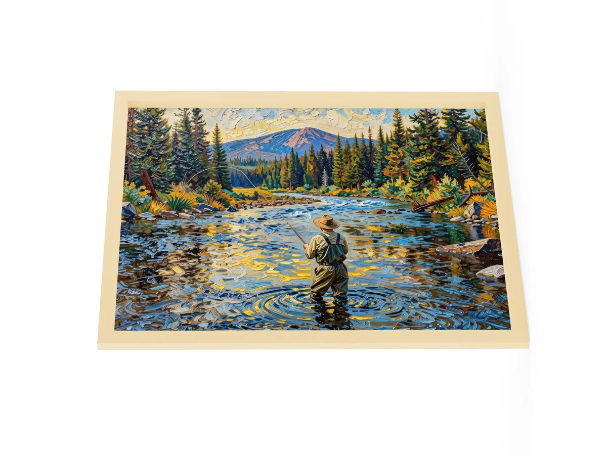 Fly Fishing at Dusk as an 18 by 24 inch framed print in a natural wood frame: a fly fisherman wading a wide mountain river at dusk, his line looping over golden water, with spruce on both banks, in bold oil-painting brushstrokes.