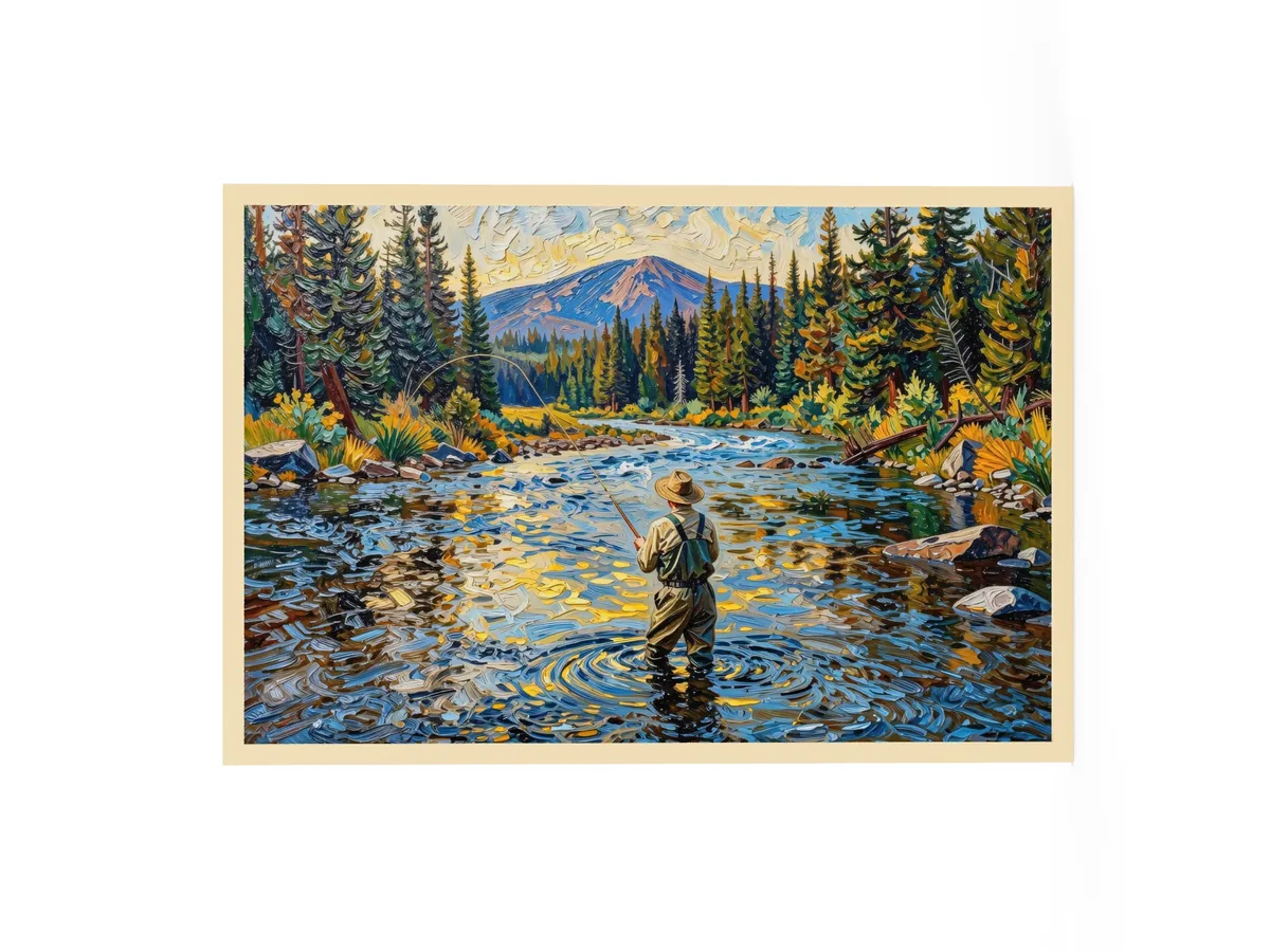 Fly Fishing at Dusk as a 24 by 36 inch framed print in a natural wood frame: a fly fisherman wading a wide mountain river at dusk, his line looping over golden water, with spruce on both banks, in bold oil-painting brushstrokes.