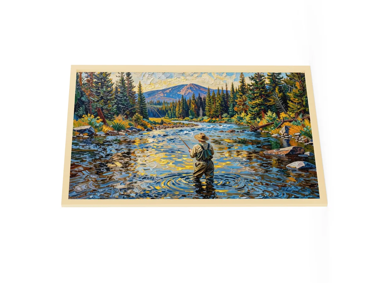Fly Fishing at Dusk as a 24 by 36 inch framed print in a natural wood frame: a fly fisherman wading a wide mountain river at dusk, his line looping over golden water, with spruce on both banks, in bold oil-painting brushstrokes.