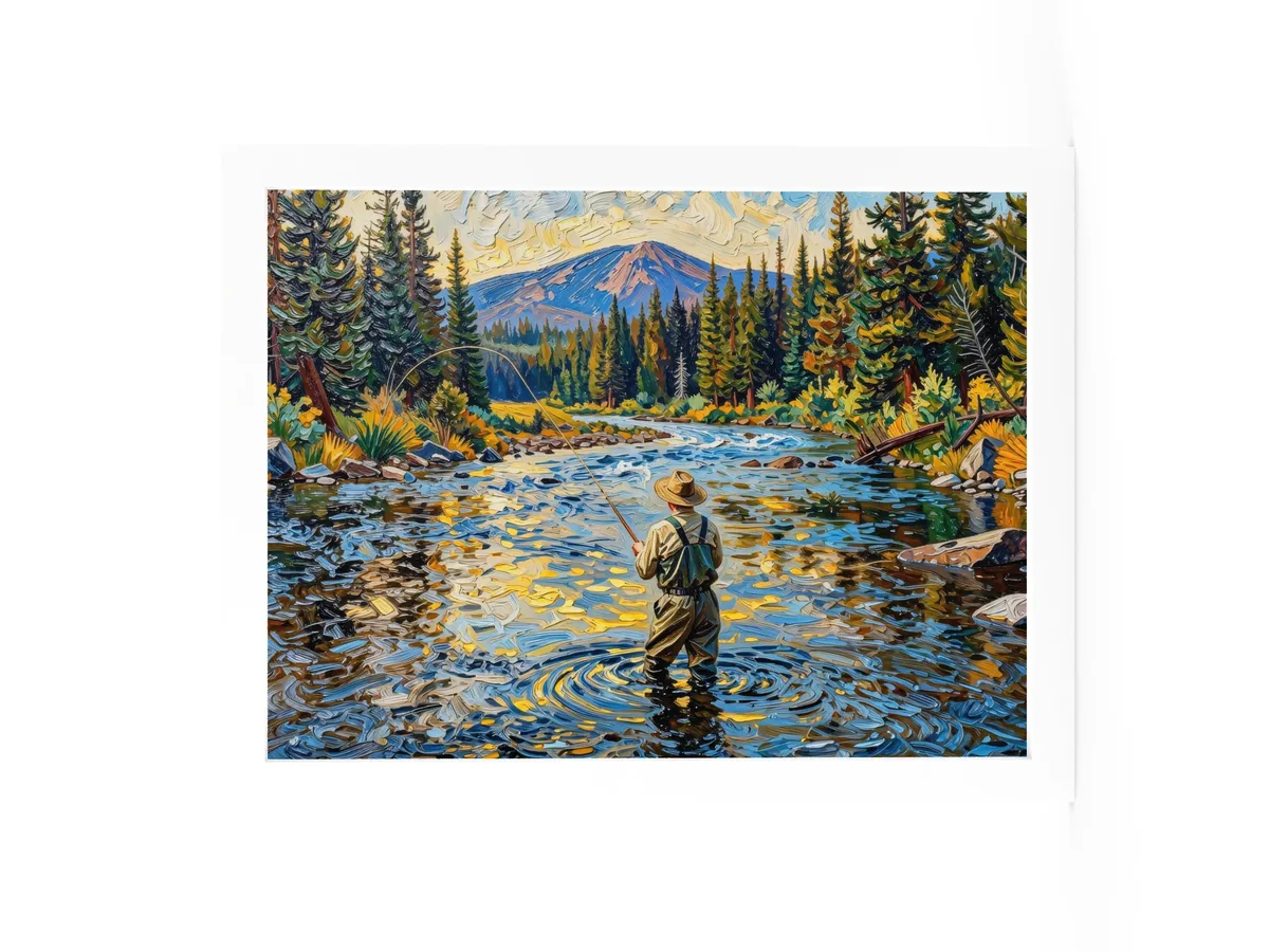 Fly Fishing at Dusk as a 12 by 16 inch framed print in a white frame: a fly fisherman wading a wide mountain river at dusk, his line looping over golden water, with spruce on both banks, in bold oil-painting brushstrokes.