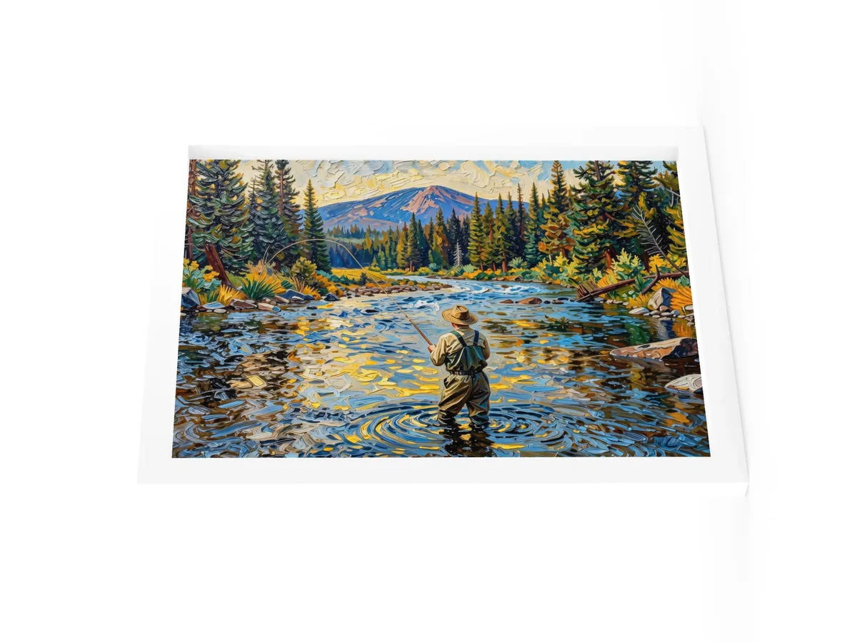 Fly Fishing at Dusk as a 12 by 16 inch framed print in a white frame: a fly fisherman wading a wide mountain river at dusk, his line looping over golden water, with spruce on both banks, in bold oil-painting brushstrokes.