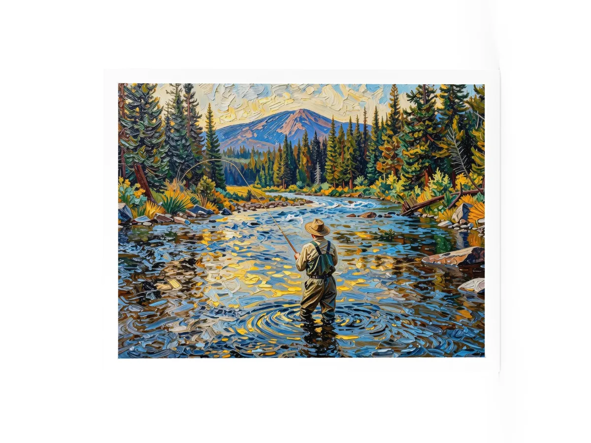 Fly Fishing at Dusk as an 18 by 24 inch framed print in a white frame: a fly fisherman wading a wide mountain river at dusk, his line looping over golden water, with spruce on both banks, in bold oil-painting brushstrokes.