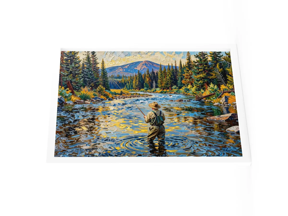 Fly Fishing at Dusk as an 18 by 24 inch framed print in a white frame: a fly fisherman wading a wide mountain river at dusk, his line looping over golden water, with spruce on both banks, in bold oil-painting brushstrokes.