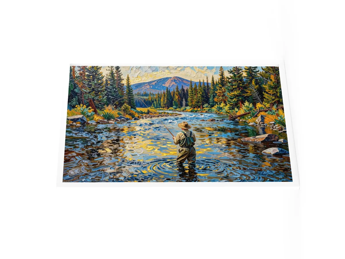 Fly Fishing at Dusk as a 24 by 36 inch framed print in a white frame: a fly fisherman wading a wide mountain river at dusk, his line looping over golden water, with spruce on both banks, in bold oil-painting brushstrokes.