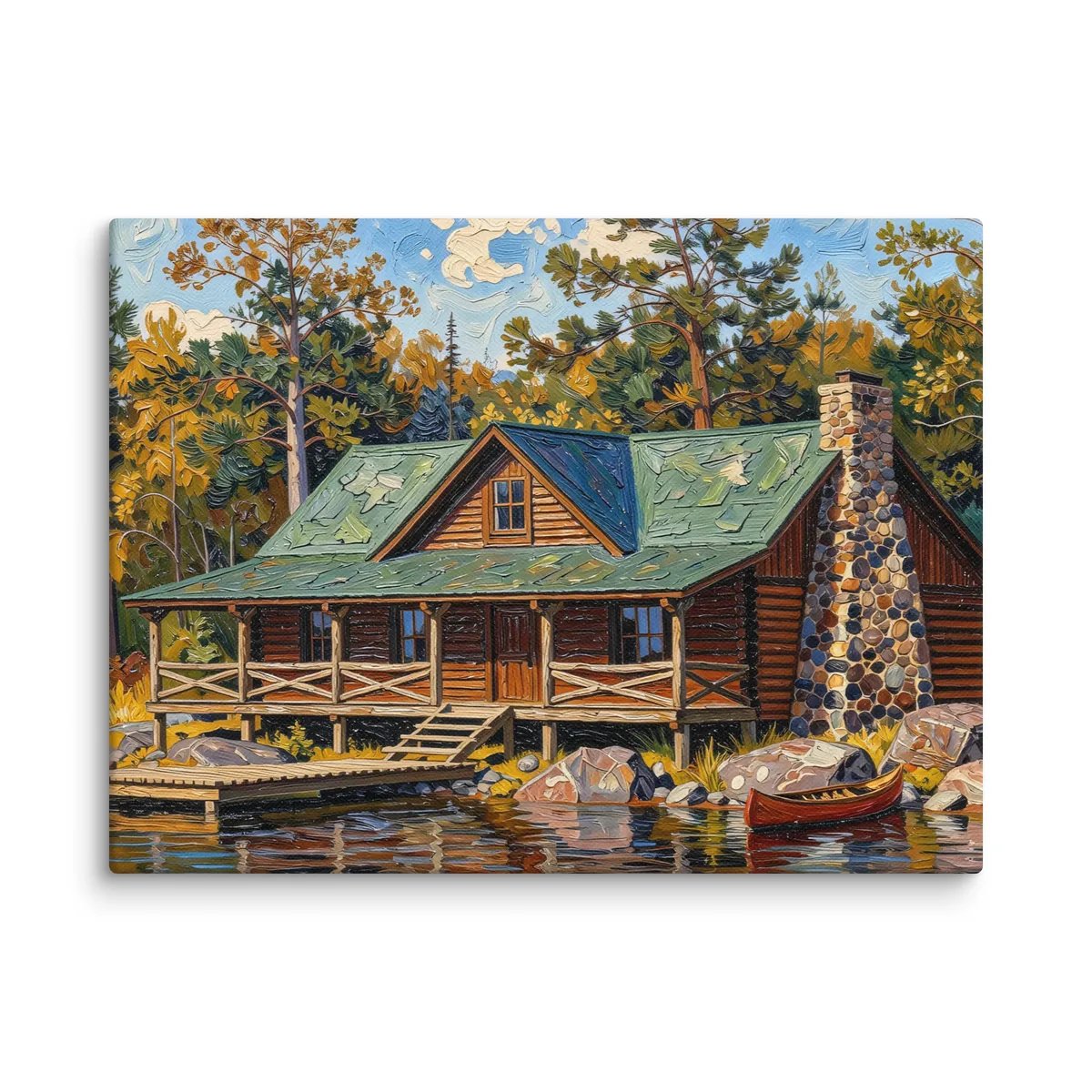 Great Camp on the Lake as a 12 by 16 inch canvas: a log camp on a rocky lakeshore with a fieldstone chimney, a wide porch, a dock and a red canoe, under tall pines, in bold oil-painting brushstrokes.