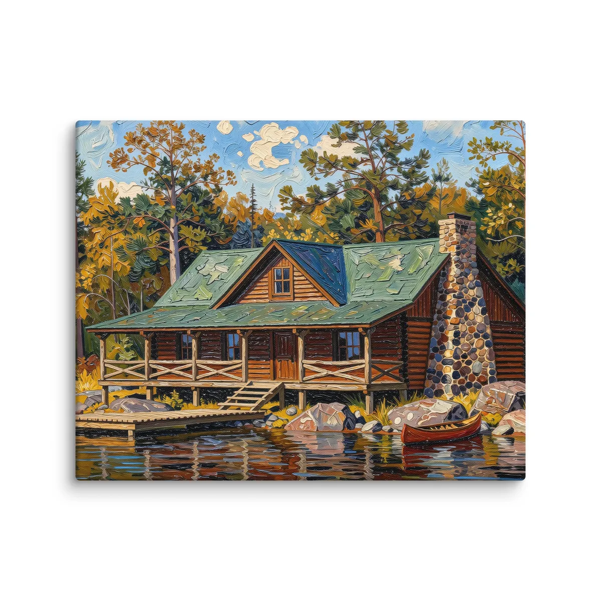 Great Camp on the Lake as a 16 by 20 inch canvas: a log camp on a rocky lakeshore with a fieldstone chimney, a wide porch, a dock and a red canoe, under tall pines, in bold oil-painting brushstrokes.